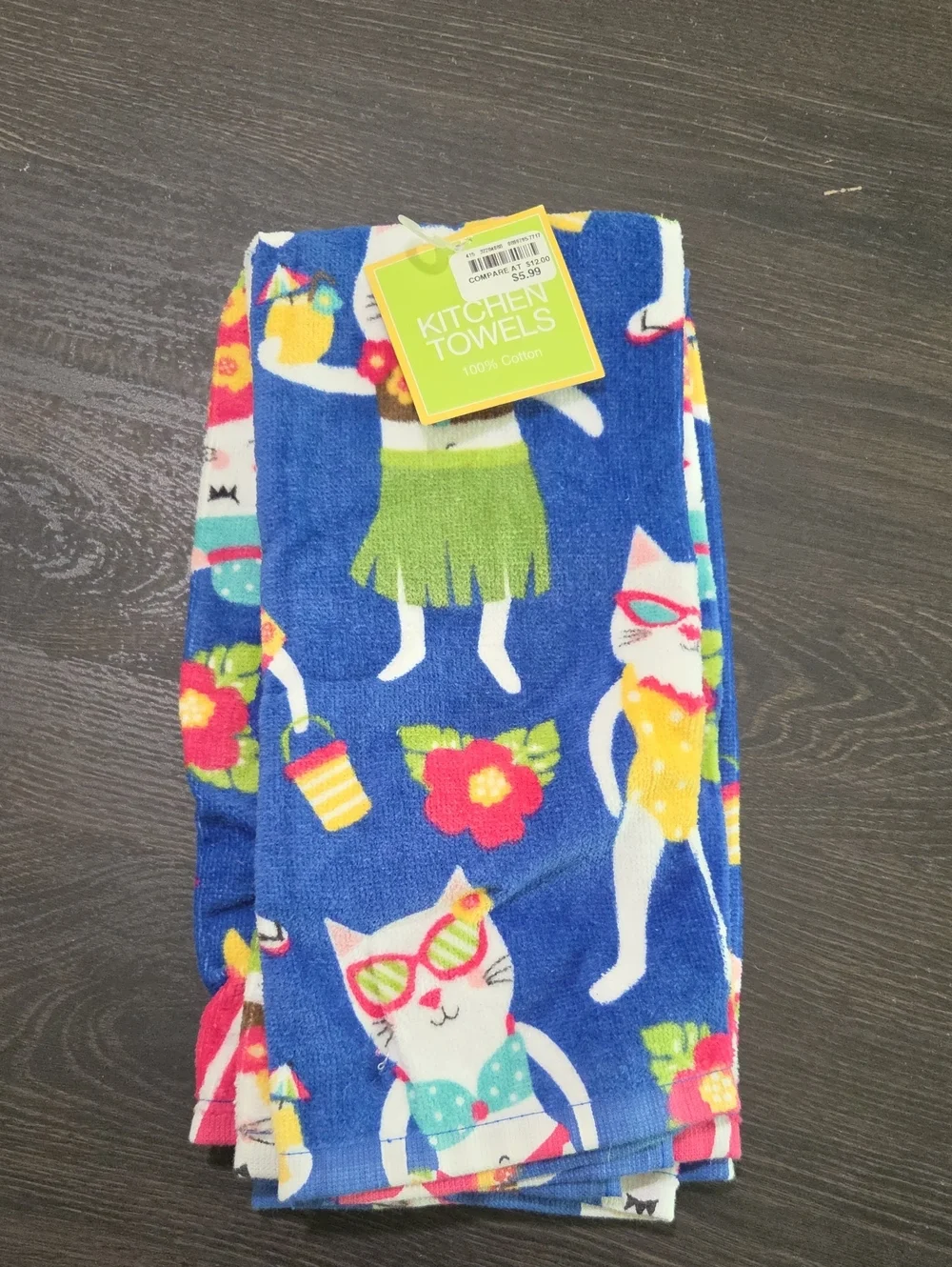Blue Cat-Print Cotton Kitchen Towels - Playful Beach Design